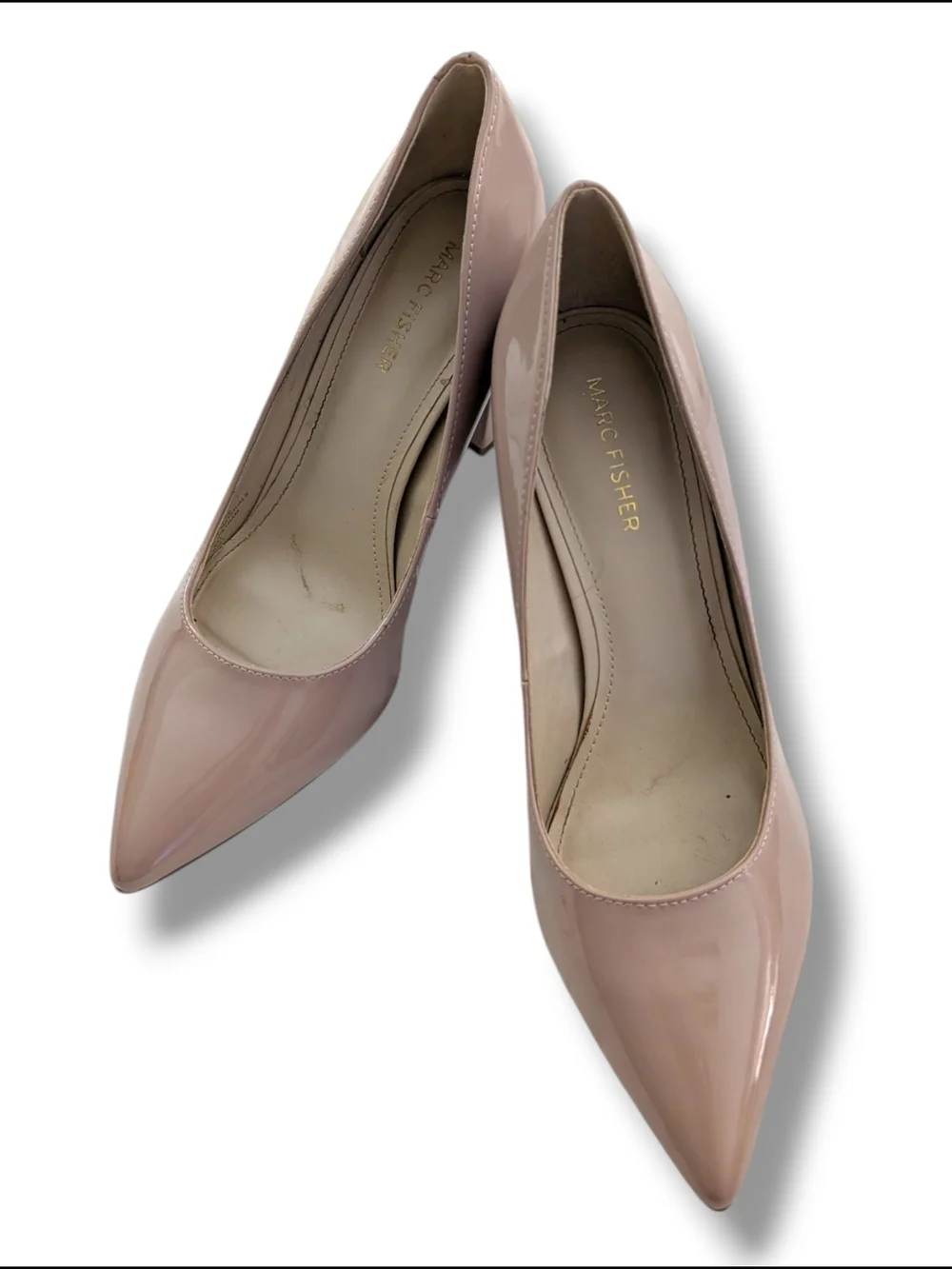 NWOT Marc Fisher Gildy 3 Blush Patent Leather Pointed Toe Block Heels, Size 8.5